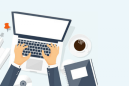 Illustrated graphic of man typing on laptop with coffee, rolled up papers, and a notebook