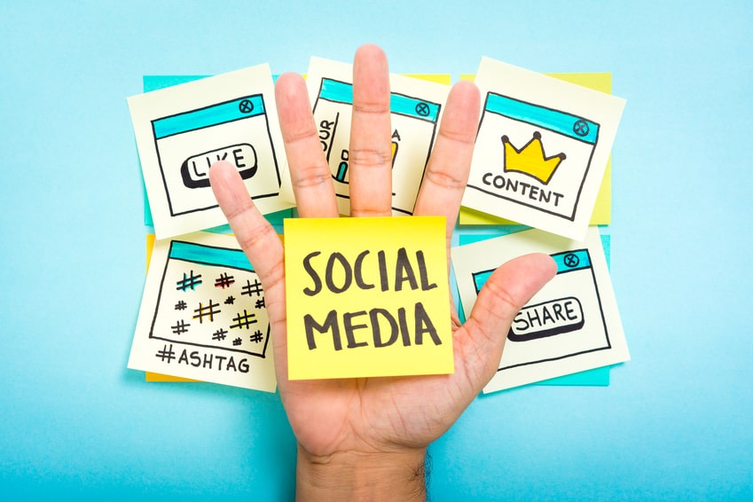 Hand surrounded by sticky notes about social media