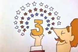 Cartoon man holding number 3 surrounded by stars