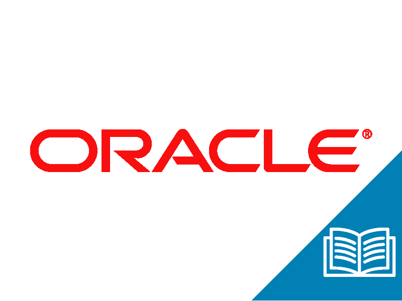Oracle logo with blue triangle in bottom right hand corner with a book icon