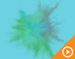 Exploding chalk behind a blue transparency with a play button against an orange triangle in the bottom right corner.