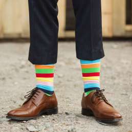man in fancy, rainbow socks