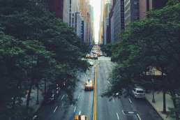 view up a street in New York City with trees and taxis