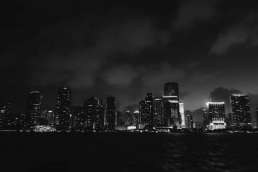 black and white skyline at night